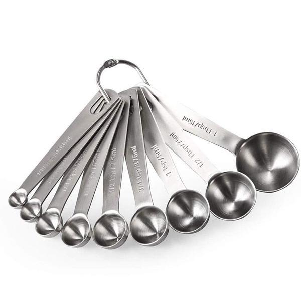 The Deal Society Stainless Steel Measuring Spoons with Ring Holder – Set of 9 features engraved handles and a sturdy metal ring that keeps the spoons organized and together.